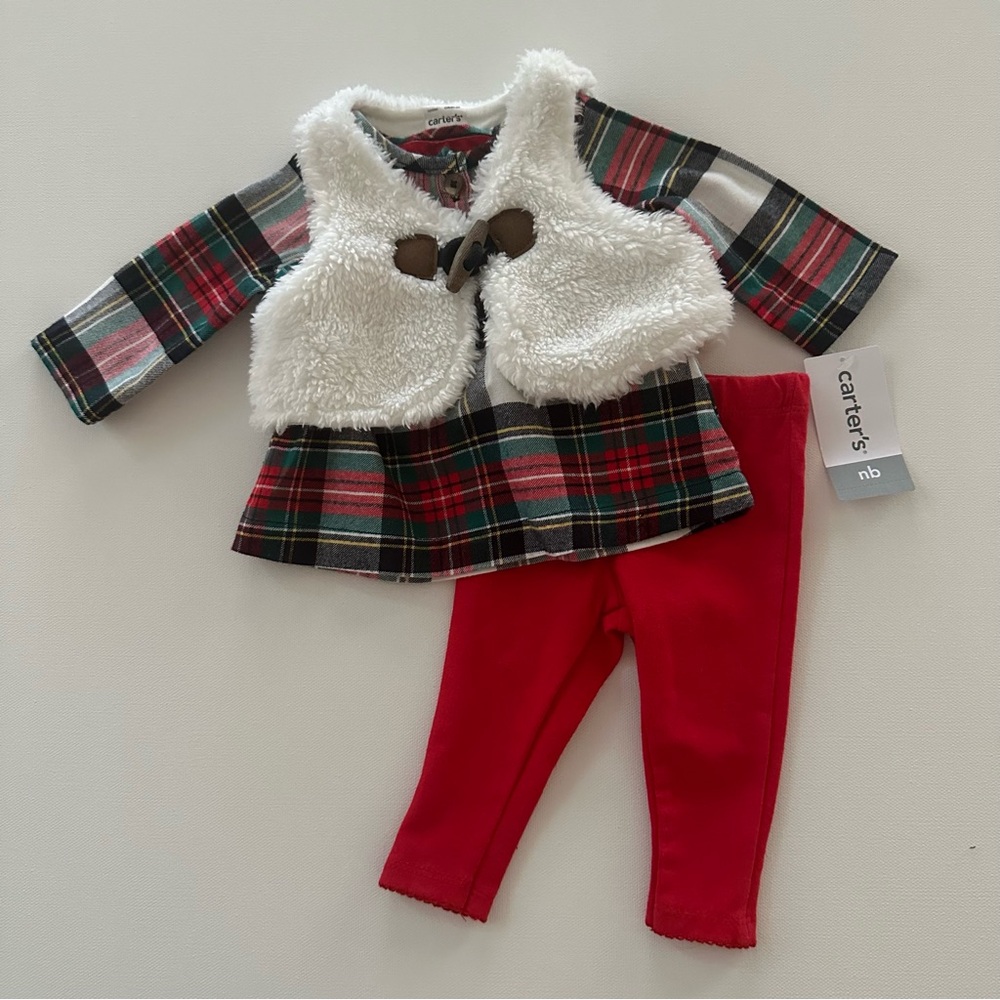 Carter’s Newborn Baby Girl Faux Fur Vest Plaid Top Pant Set Outfit Christmas NWT